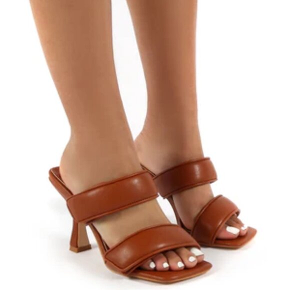 NWOT PUBLIC DESIRE Tan Velcro Double Strap Square Toe Heeled Kora Mules size 4 - Picture 7 of 10